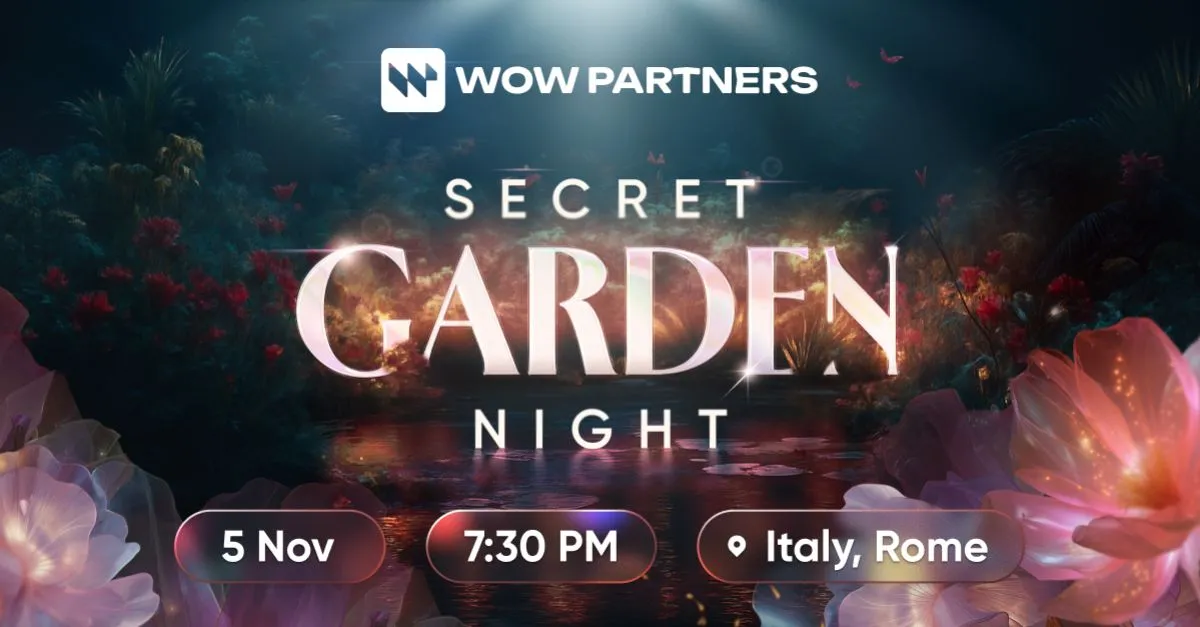 Invitation graphic for WOW Partners “Secret Garden Night” event during SiGMA Europe 2025 in Rome