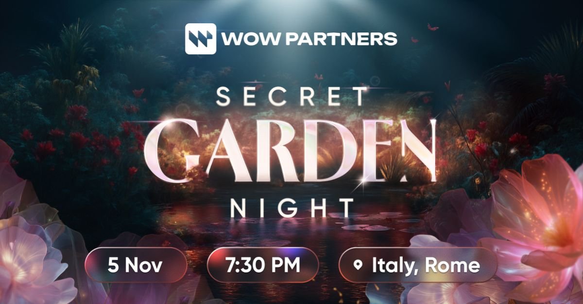 Invitation graphic for WOW Partners “Secret Garden Night” event during SiGMA Europe 2025 in Rome